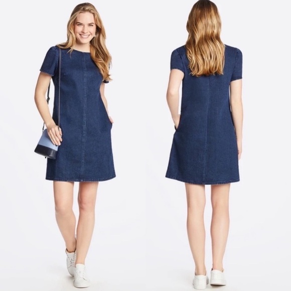 DRAPER JAMES SHORT SLEEVE DARK WASH COTTON DENIM SHIFT DRESS - Picture 2 of 14